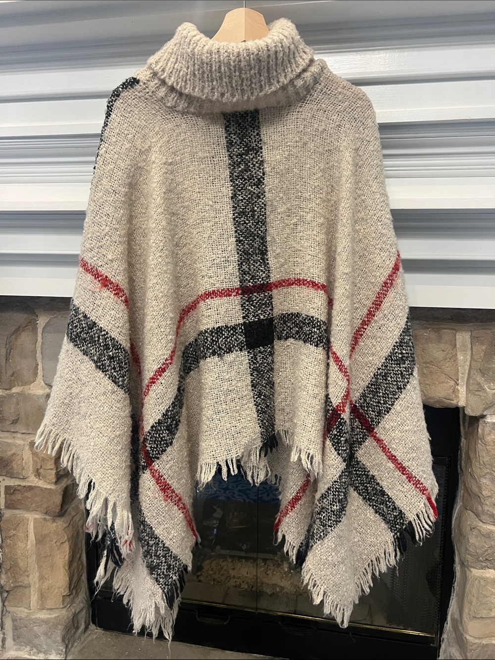 Cozy Turtleneck Tartan Plaid Poncho in Cream, Black & Red- Read description
